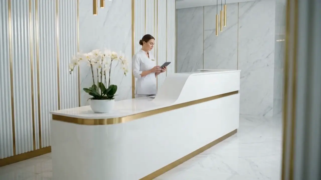 Heller Empfang der Klinik mit weißem Tresen, Goldleisten und Orchideen