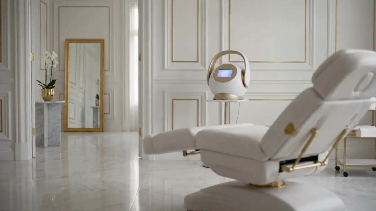 Behandlungsraum mit weißer Liege, Behandlungsgerät und goldenen Akzenten